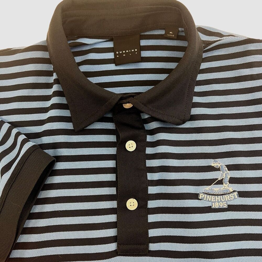 Dunning Golf Polo Shirt Pinehurst 1895 Blue Brown Striped Embroidered‎ Xl